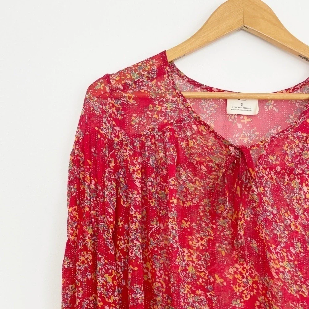 Anthropologie Pins & Needles Boho Red Floral Semi Sheer Long Sleeve Casual Top S - Picture 3 of 15